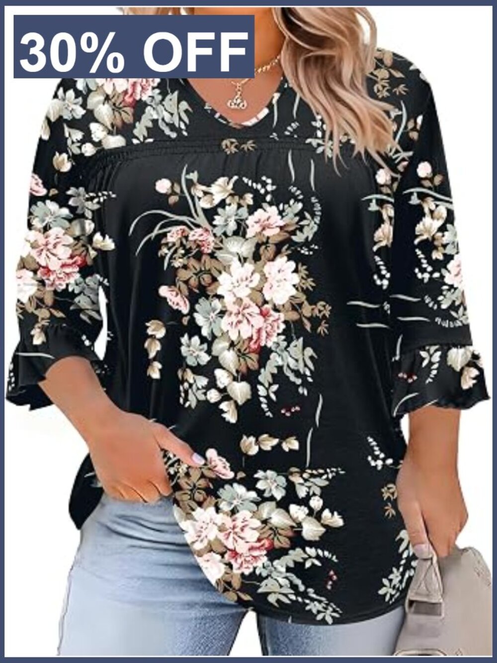 Plus Size V-Neck 3/4 Sleeve Pleated Tunic Top Flattering Blouse